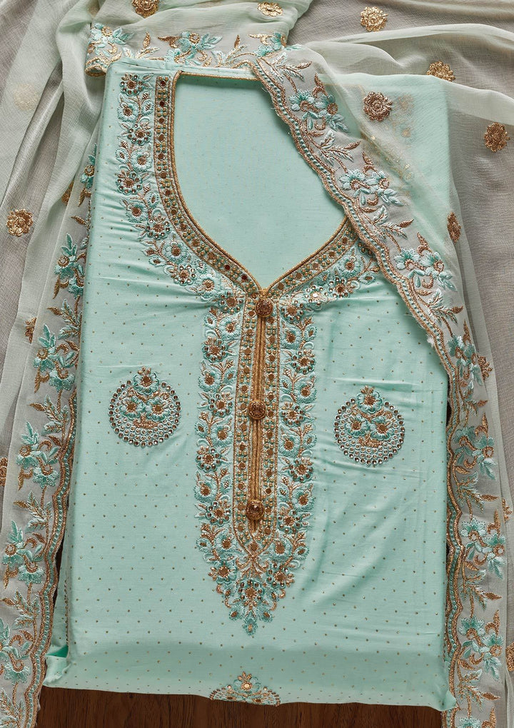Sky Blue Zariwork Semi Crepe Designer Unstitched Salwar Suit - koskii