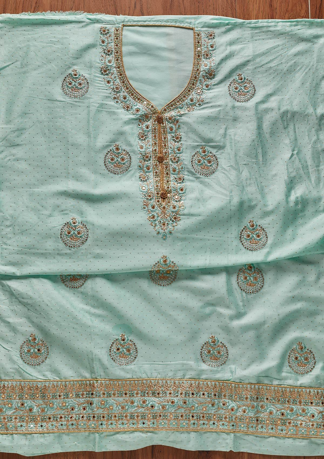 Sky Blue Zariwork Semi Crepe Designer Unstitched Salwar Suit - koskii