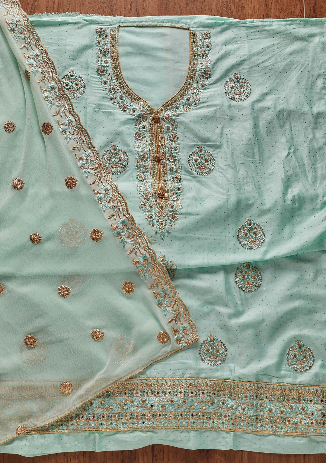 Sky Blue Zariwork Semi Crepe Designer Unstitched Salwar Suit - koskii