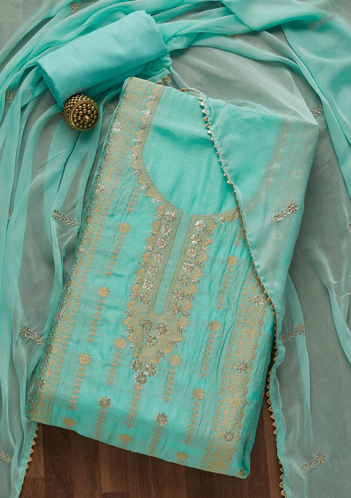 Sky Blue Zariwork Art Silk Unstitched Salwar Suit-Koskii