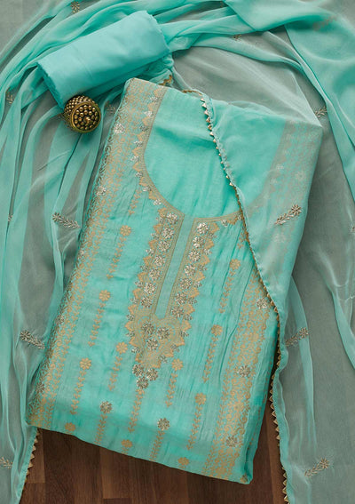 Sky Blue Zariwork Art Silk Unstitched Salwar Suit-Koskii