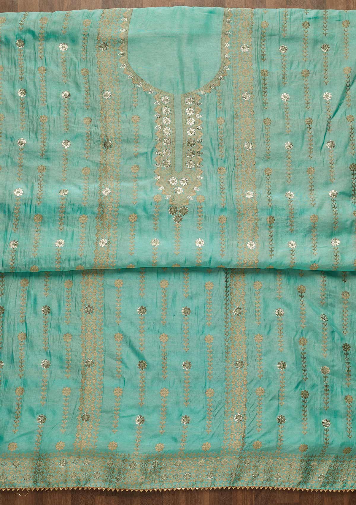 Sky Blue Zariwork Art Silk Unstitched Salwar Suit-Koskii