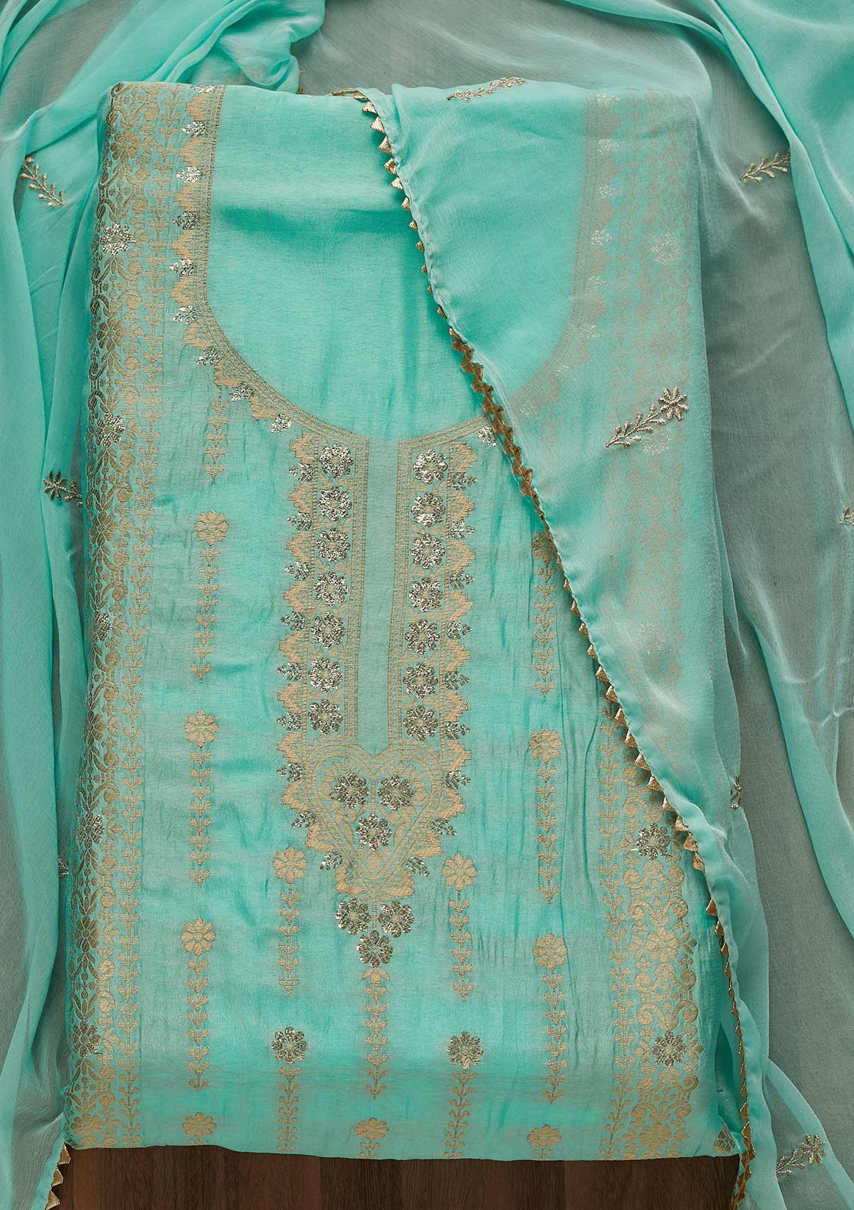 Sky Blue Zariwork Art Silk Unstitched Salwar Suit-Koskii