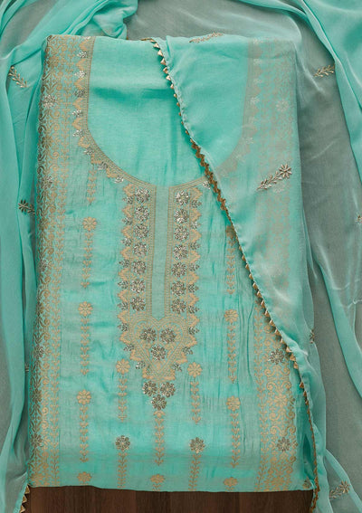 Sky Blue Zariwork Art Silk Unstitched Salwar Suit-Koskii