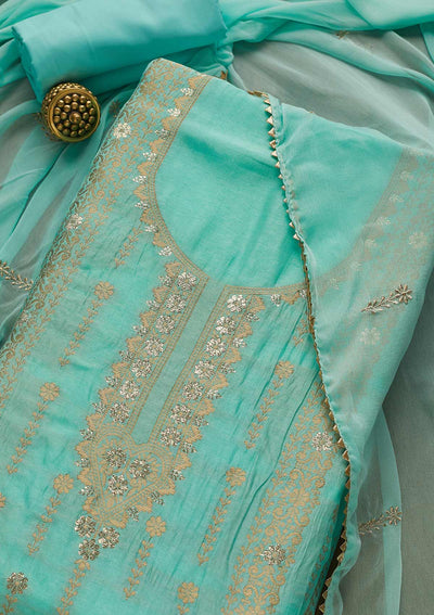 Sky Blue Zariwork Art Silk Unstitched Salwar Suit-Koskii