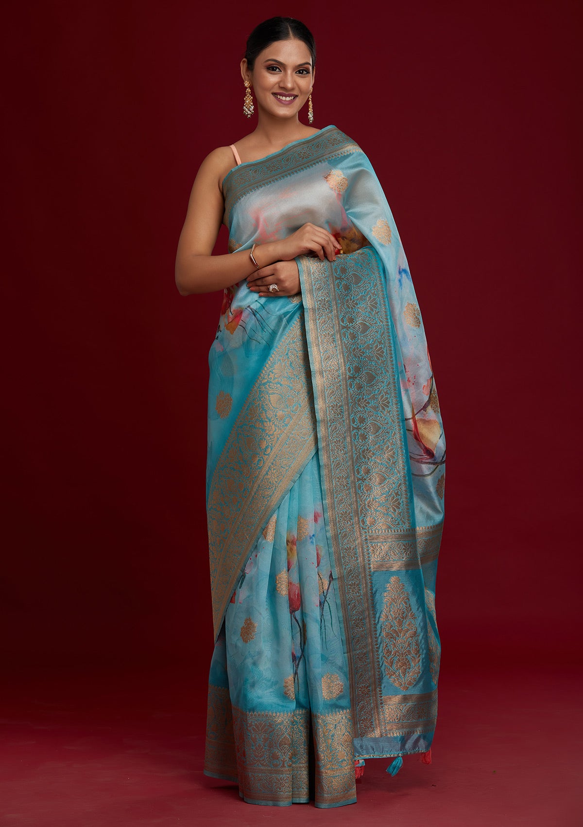 Sky Blue Zariwork Taffeta Silk Saree- Koskii