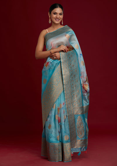 Sky Blue Zariwork Taffeta Silk Saree- Koskii