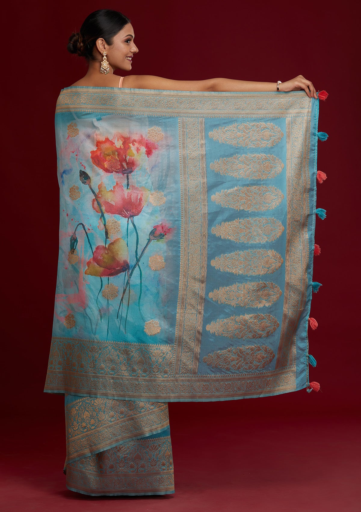 Sky Blue Zariwork Taffeta Silk Saree - Koskii