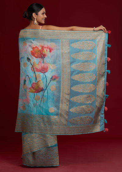 Sky Blue Zariwork Taffeta Silk Saree - Koskii