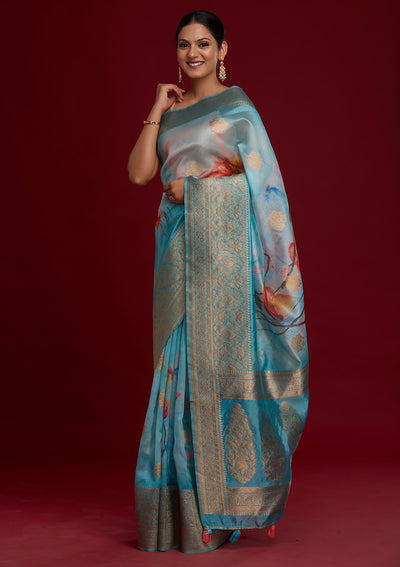 Sky Blue Zariwork Taffeta Silk Saree - Koskii