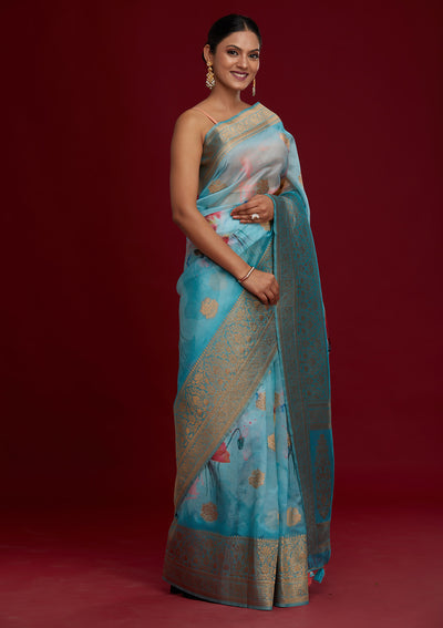 Sky Blue Zariwork Taffeta Silk Saree - Koskii