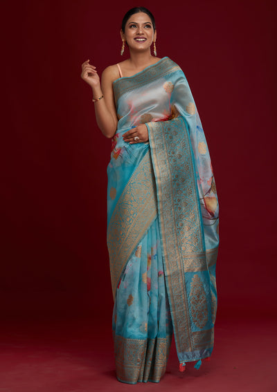 Sky Blue Zariwork Taffeta Silk Saree - Koskii