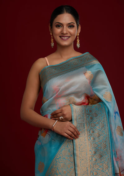 Sky Blue Zariwork Taffeta Silk Saree - Koskii