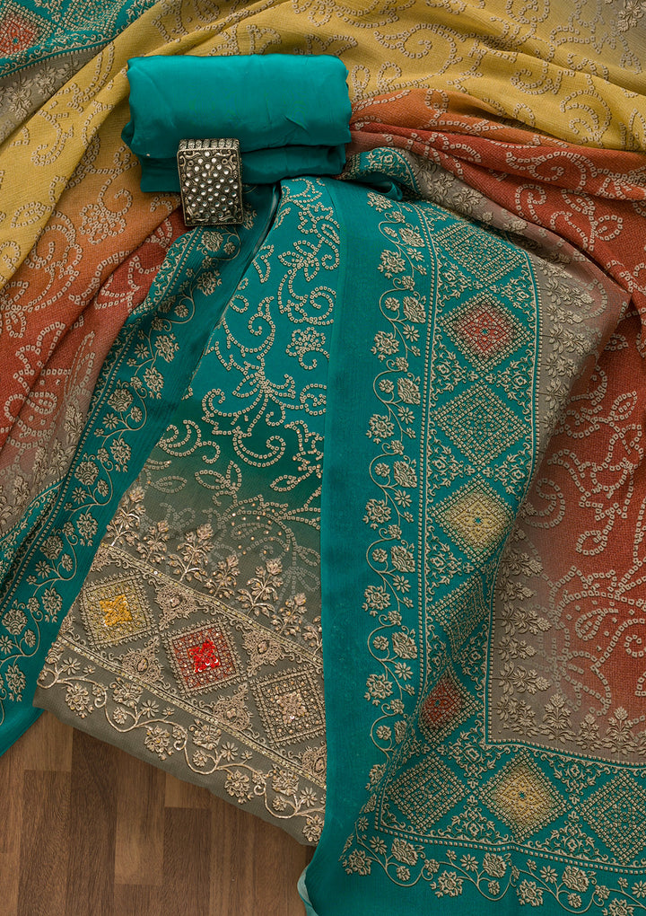 Sky Blue Bandhani Crepe Unstitched Salwar Suit-Koskii