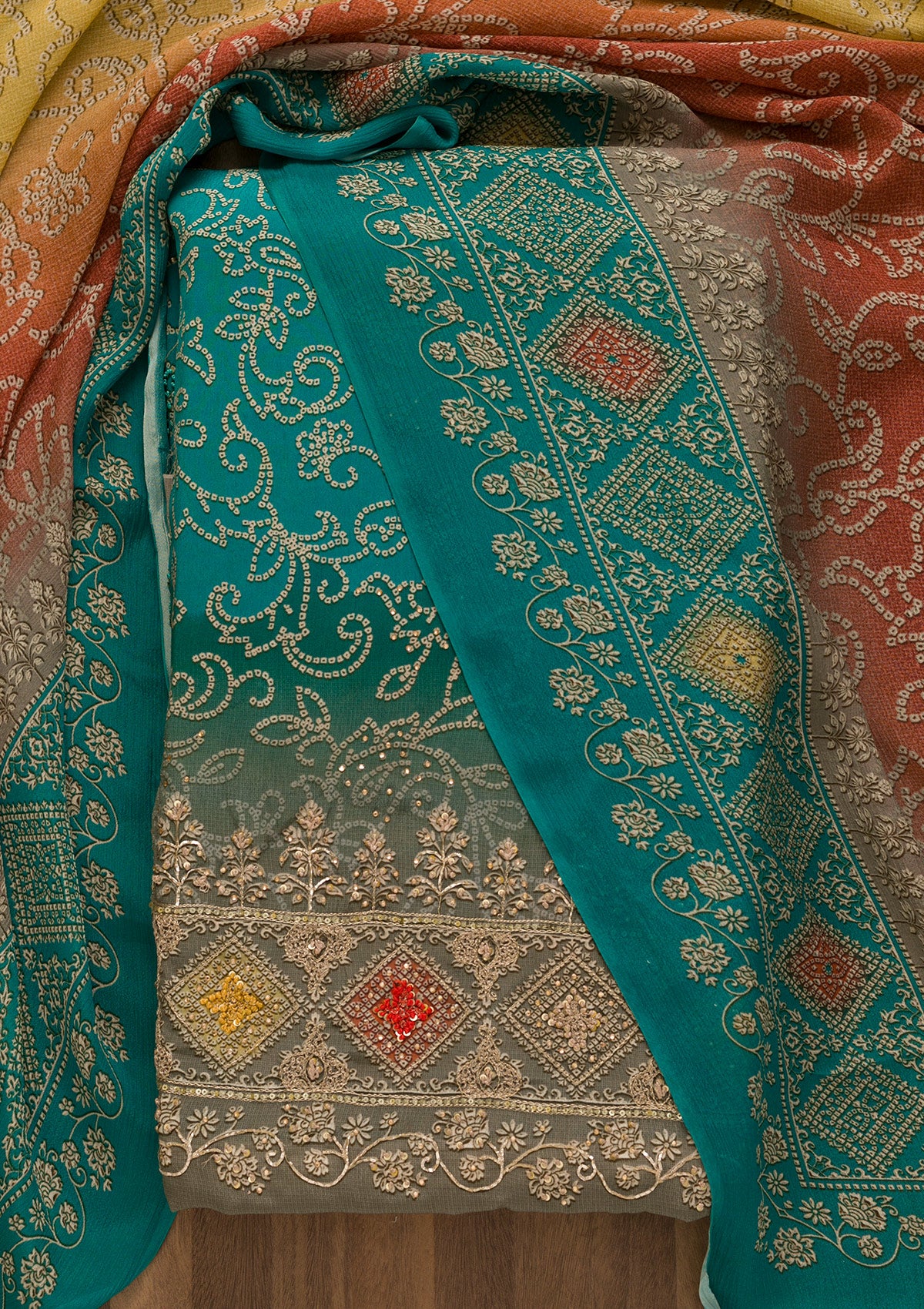 Sky Blue Bandhani Crepe Unstitched Salwar Suit-Koskii