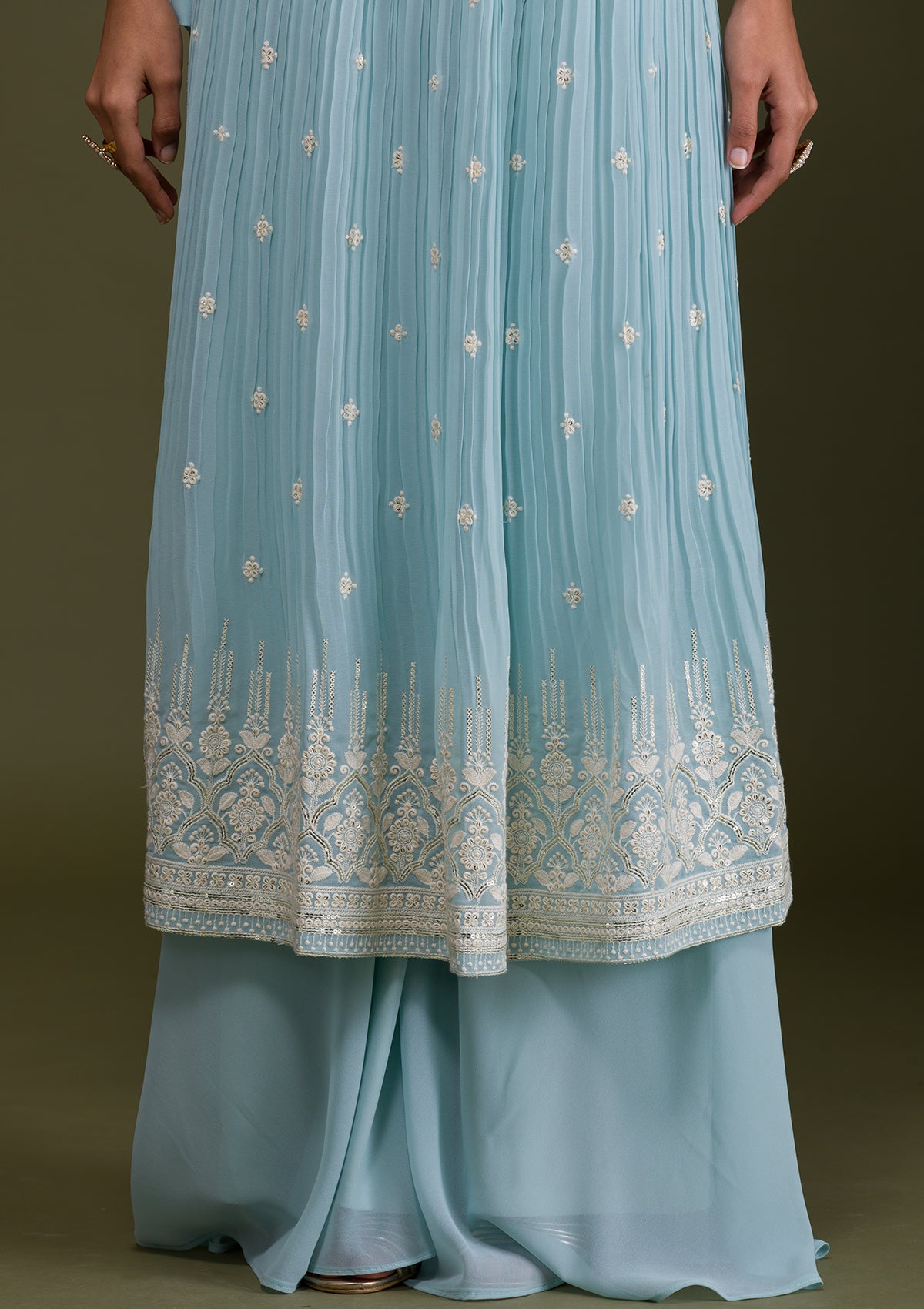 Sky Blue Threadwork Georgette Readymade Salwar Suit-Koskii