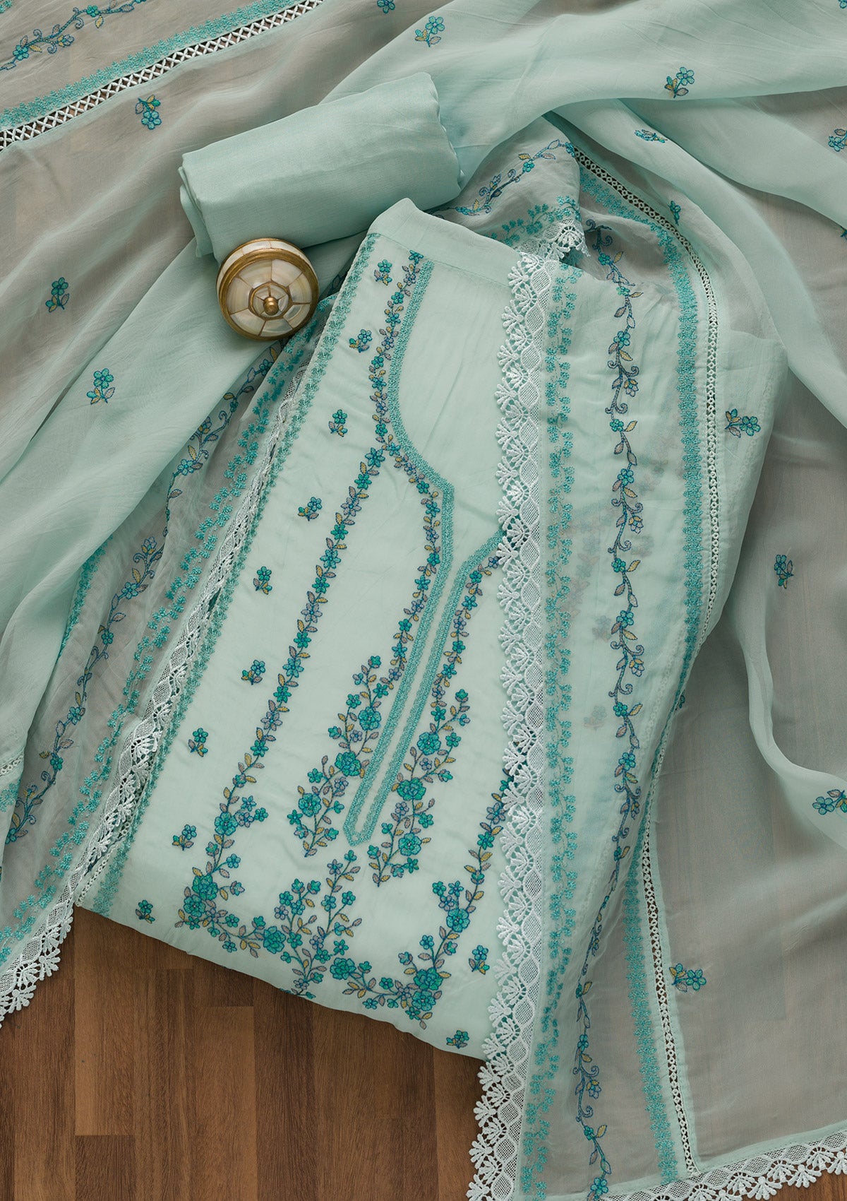 Sky Blue Threadwork Tissue Unstitched Salwar Suit-Koskii