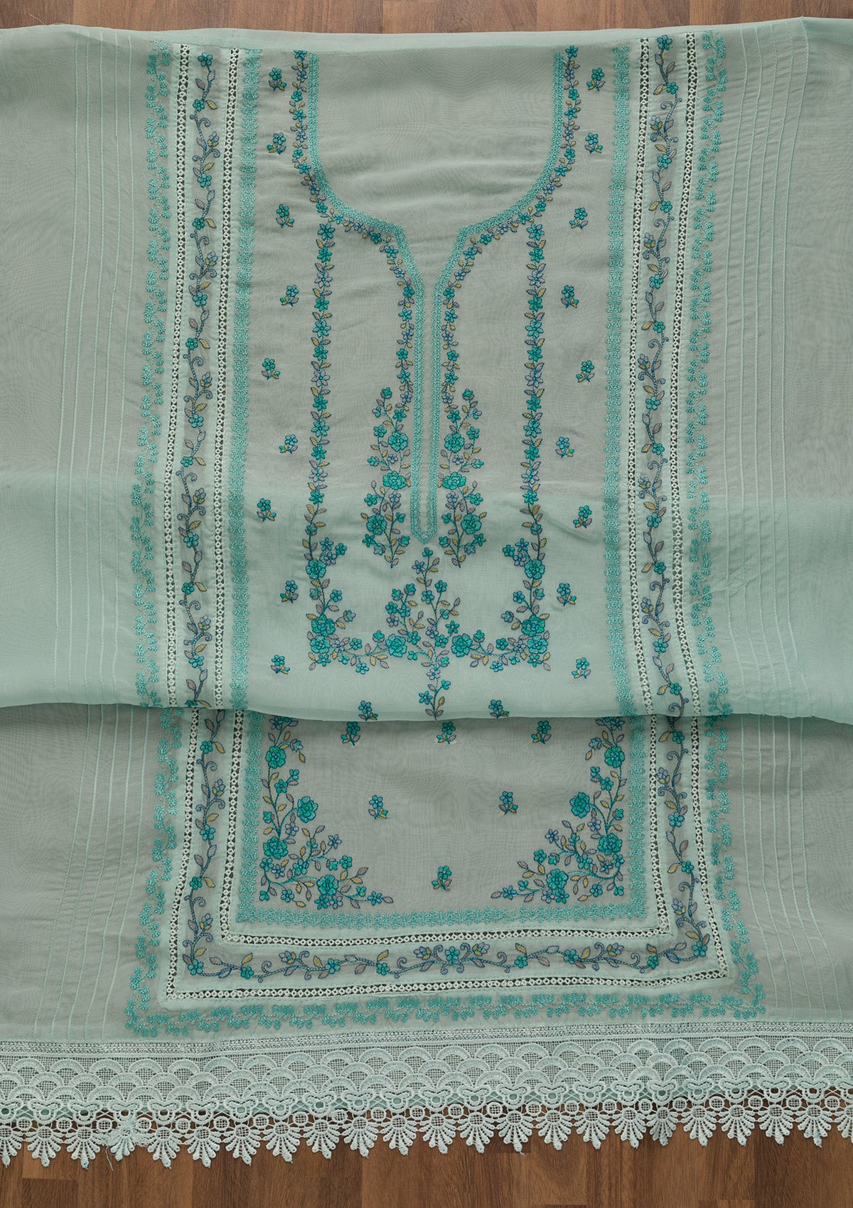 Sky Blue Threadwork Tissue Unstitched Salwar Suit-Koskii