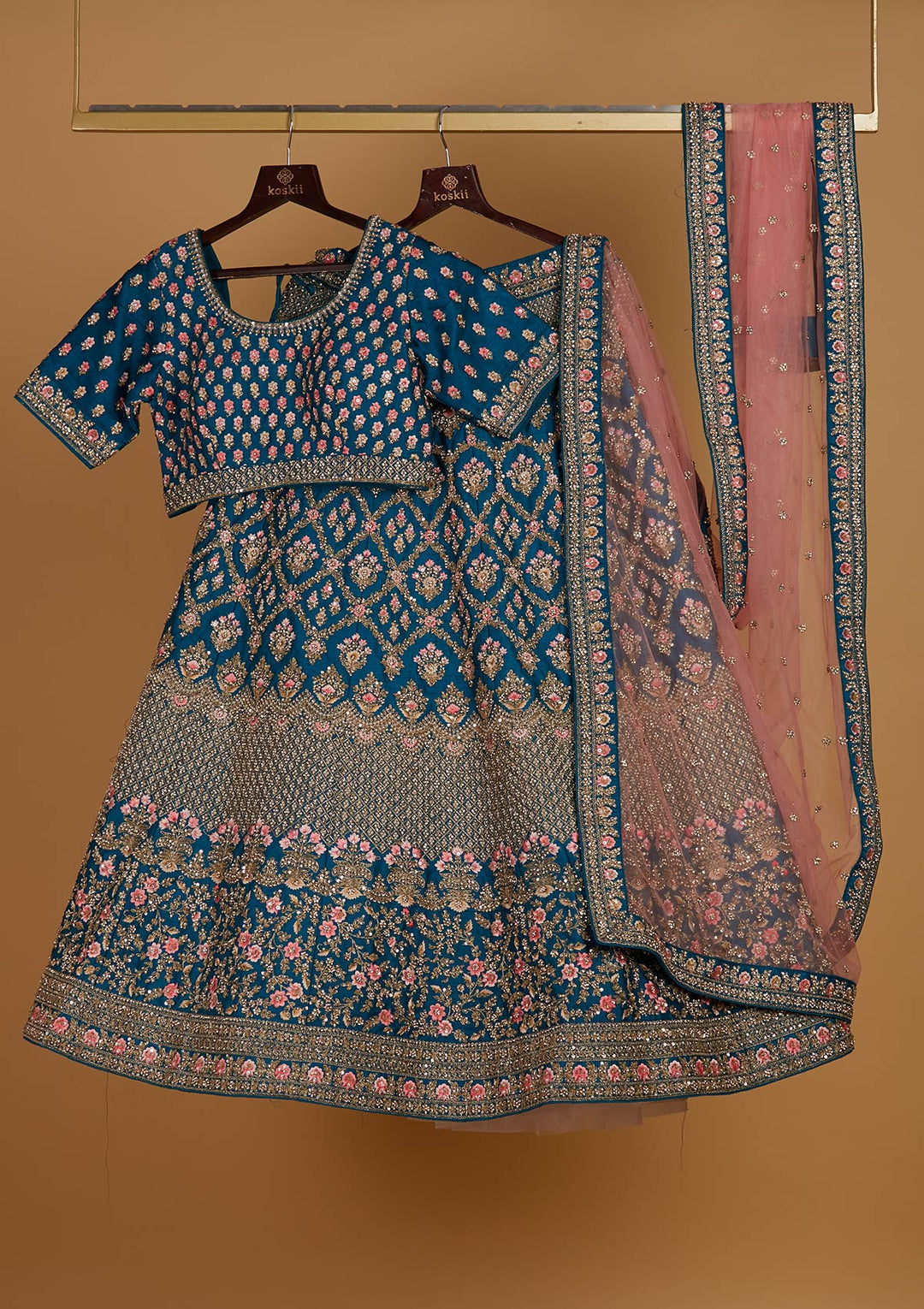 Turquoise Blue Stonework Raw Silk Designer Readymade Lehenga - Koskii