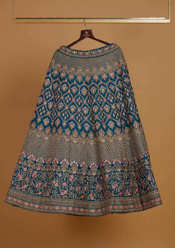 Turquoise Blue Stonework Raw Silk Designer Readymade Lehenga - Koskii