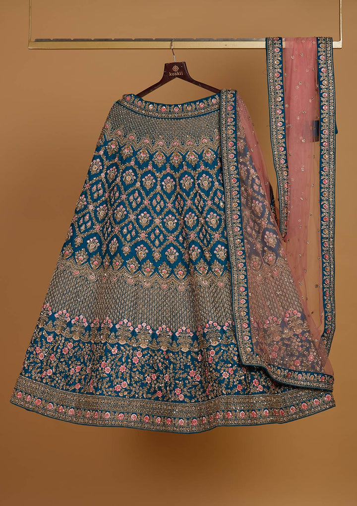 Turquoise Blue Stonework Raw Silk Designer Readymade Lehenga - Koskii