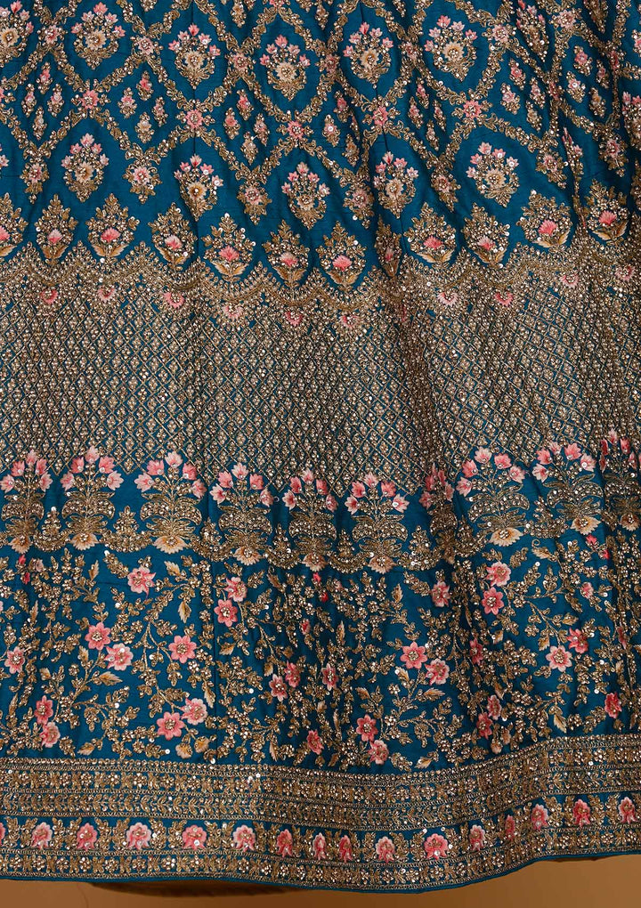 Turquoise Blue Stonework Raw Silk Designer Readymade Lehenga - Koskii