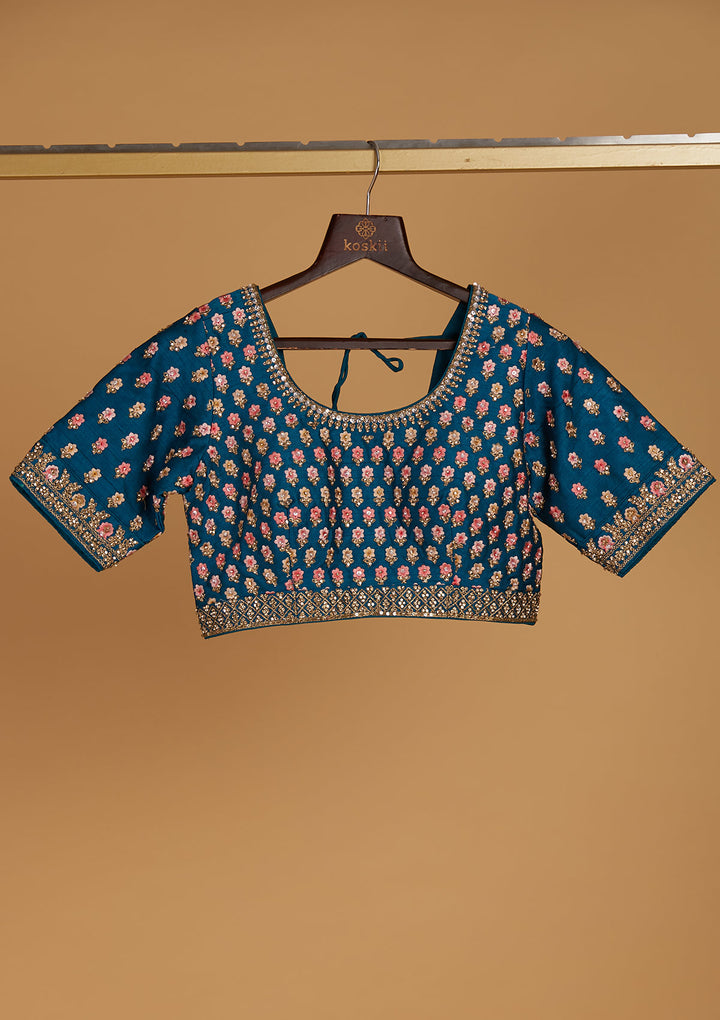 Turquoise Blue Stonework Raw Silk Designer Readymade Lehenga - Koskii