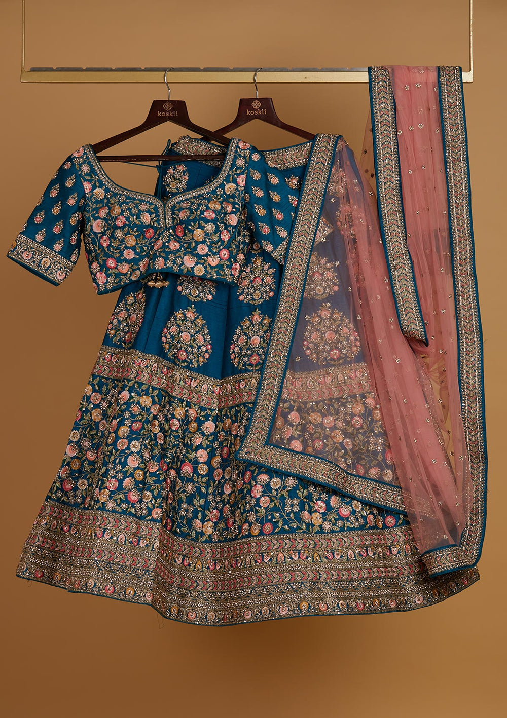 Turquoise Blue Stonework Raw Silk Designer Readymade Lehenga - Koskii