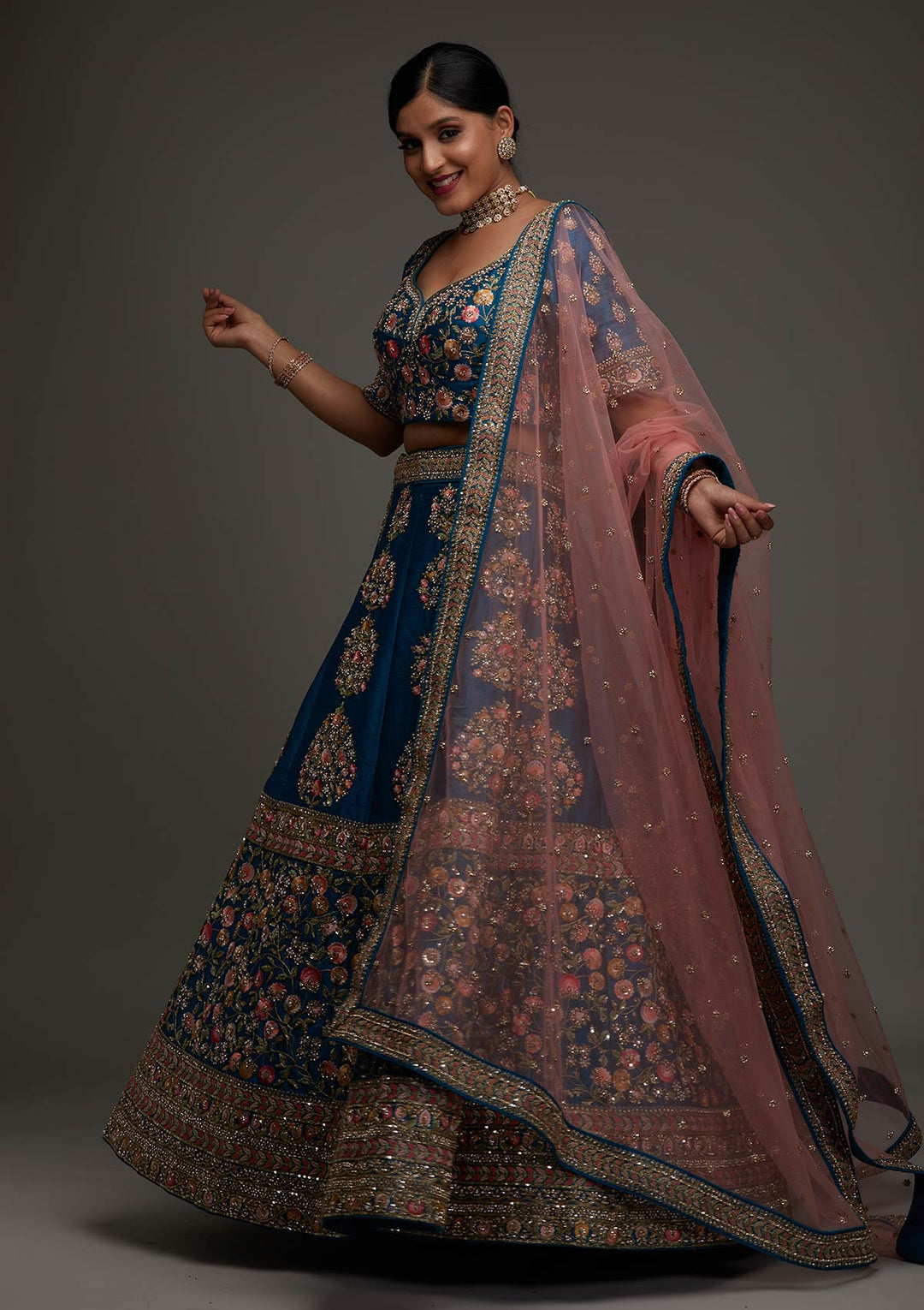 Turquoise Blue Stonework Raw Silk Designer Readymade Lehenga - Koskii