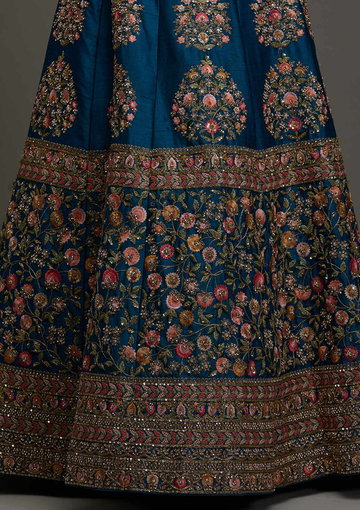 Turquoise Blue Stonework Raw Silk Designer Readymade Lehenga - Koskii