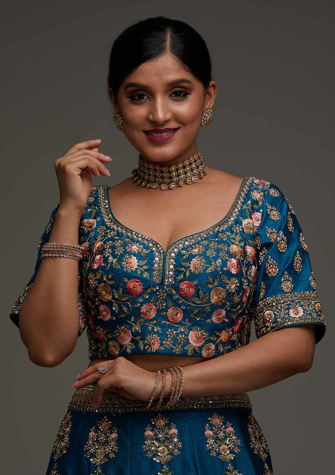 Turquoise Blue Stonework Raw Silk Designer Readymade Lehenga - Koskii