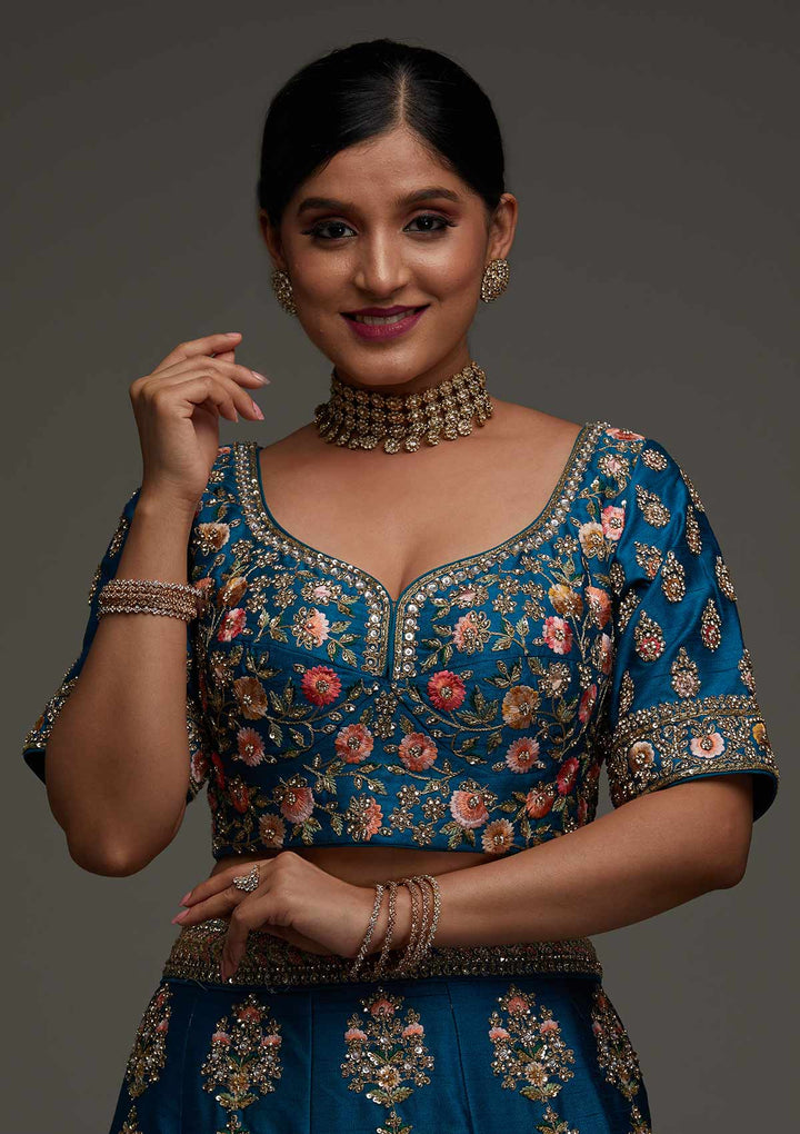 Turquoise Blue Stonework Raw Silk Designer Readymade Lehenga - Koskii