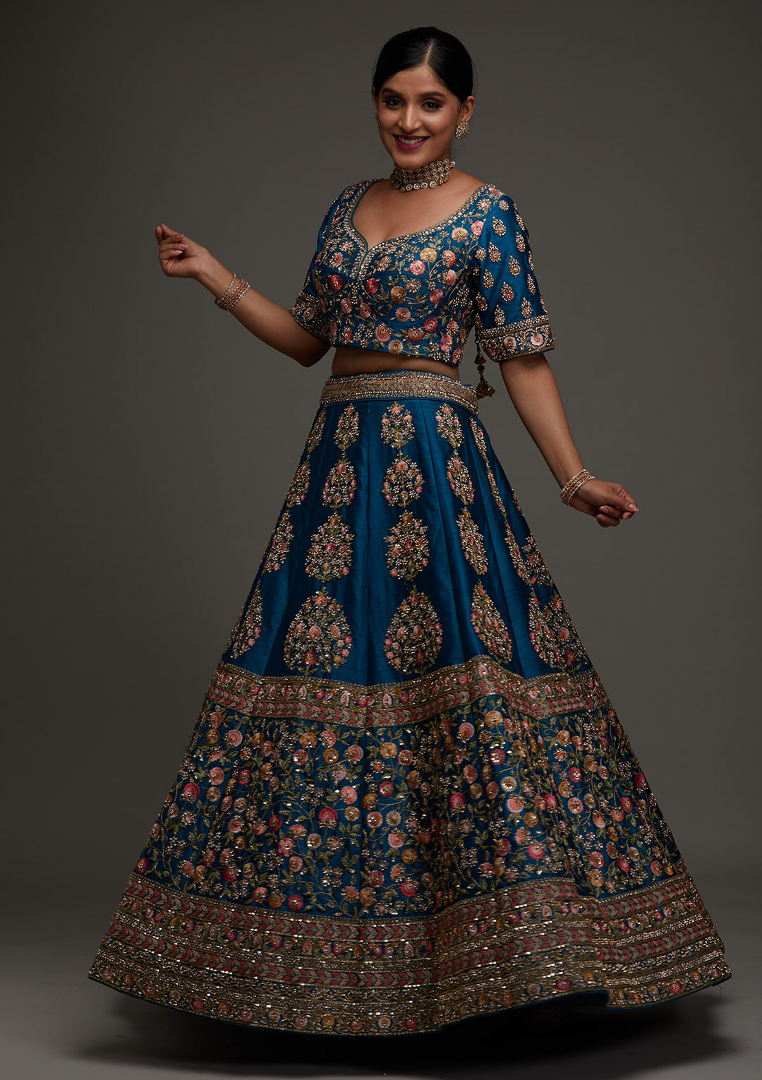 Turquoise Blue Stonework Raw Silk Designer Readymade Lehenga - Koskii