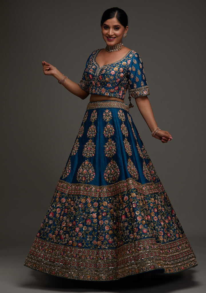 Turquoise Blue Stonework Raw Silk Designer Readymade Lehenga - Koskii