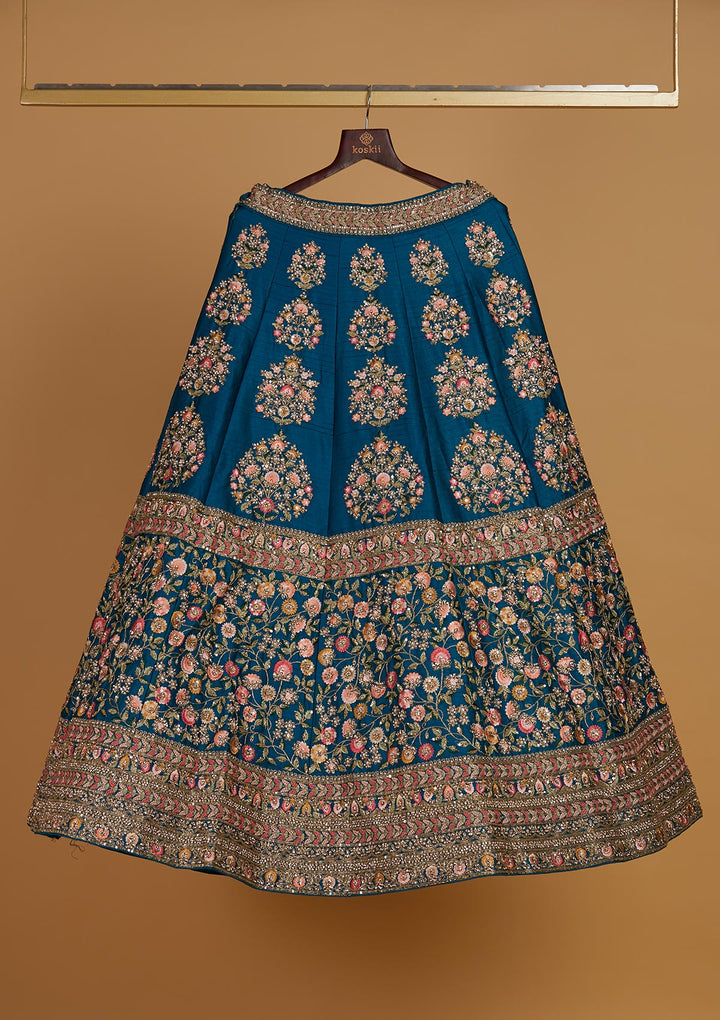 Turquoise Blue Stonework Raw Silk Designer Readymade Lehenga - Koskii
