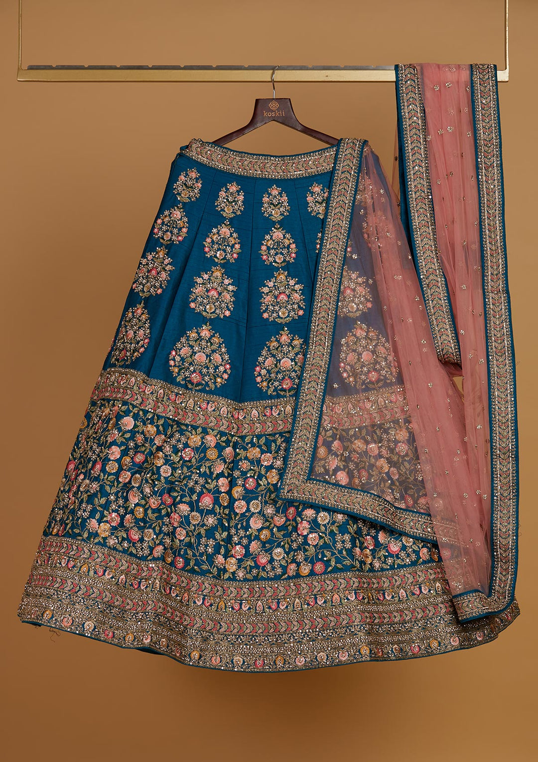 Turquoise Blue Stonework Raw Silk Designer Readymade Lehenga - Koskii