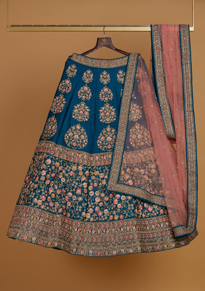 Turquoise Blue Stonework Raw Silk Designer Readymade Lehenga - Koskii