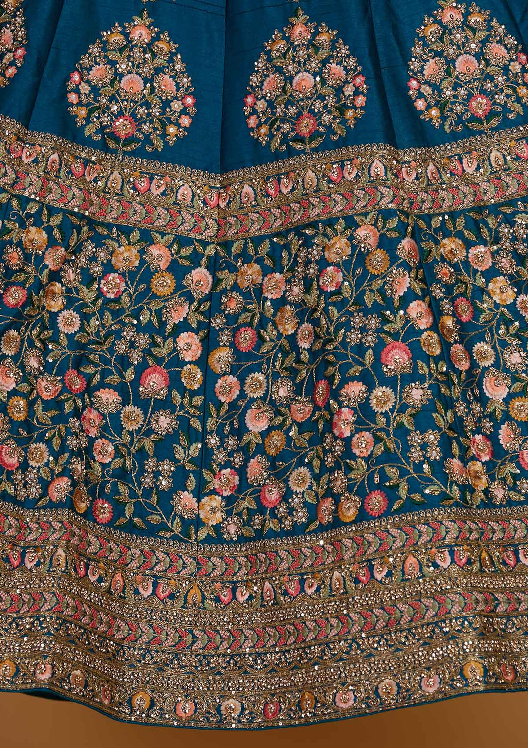 Turquoise Blue Stonework Raw Silk Designer Readymade Lehenga - Koskii