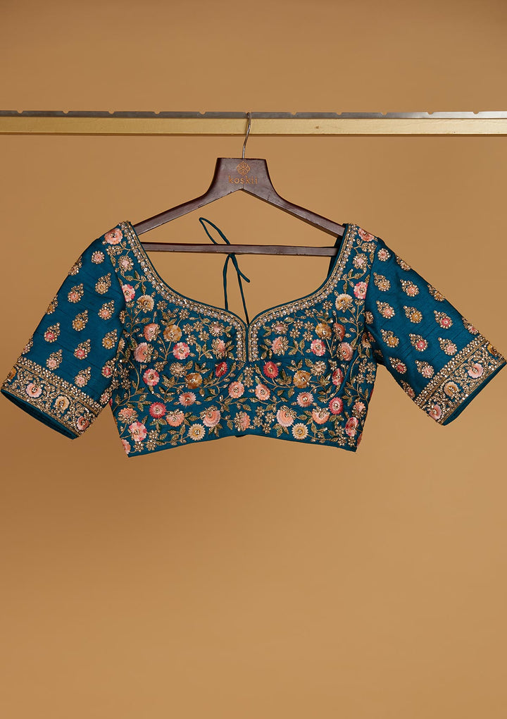 Turquoise Blue Stonework Raw Silk Designer Readymade Lehenga - Koskii