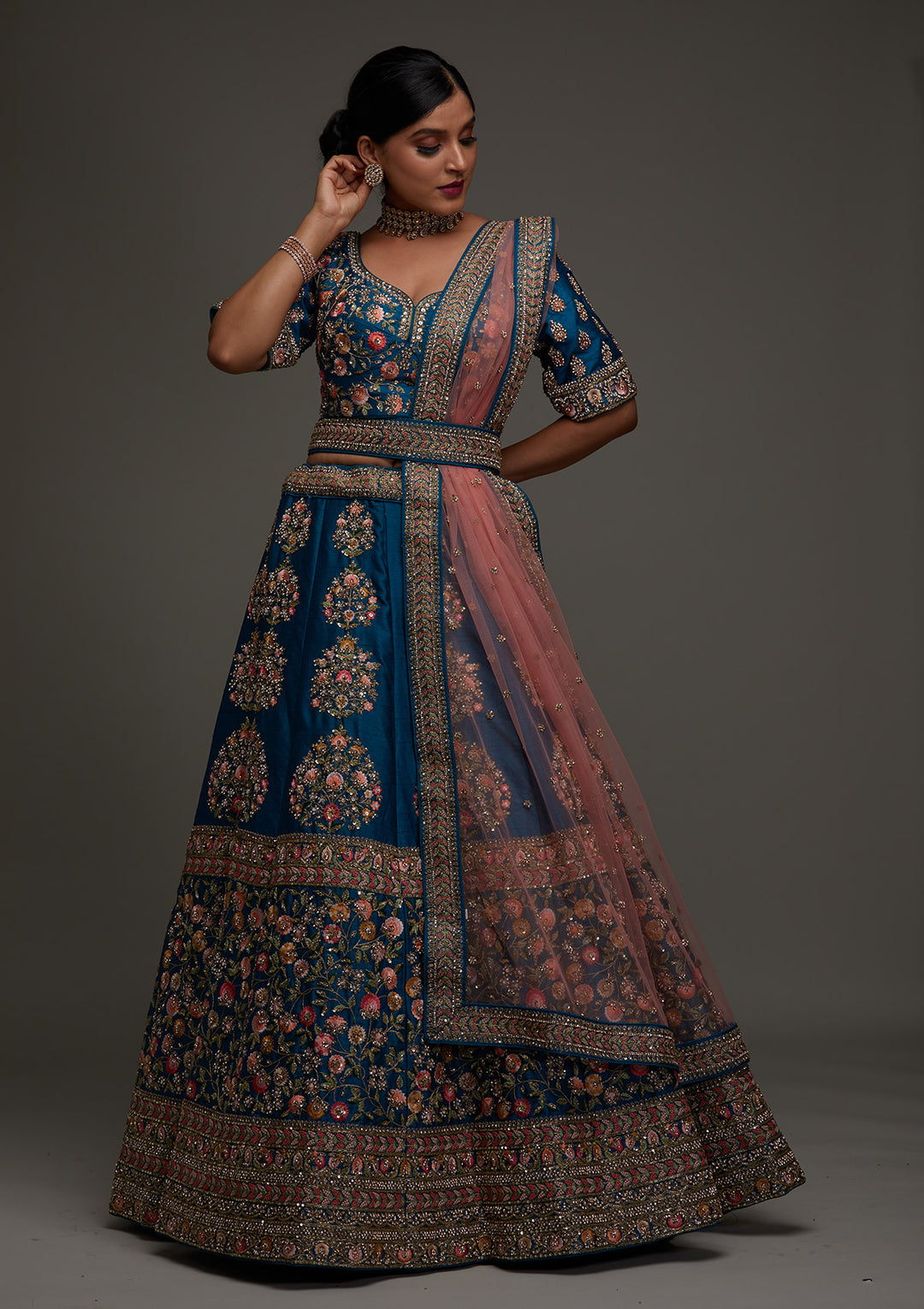 Turquoise Blue Stonework Raw Silk Designer Readymade Lehenga - Koskii