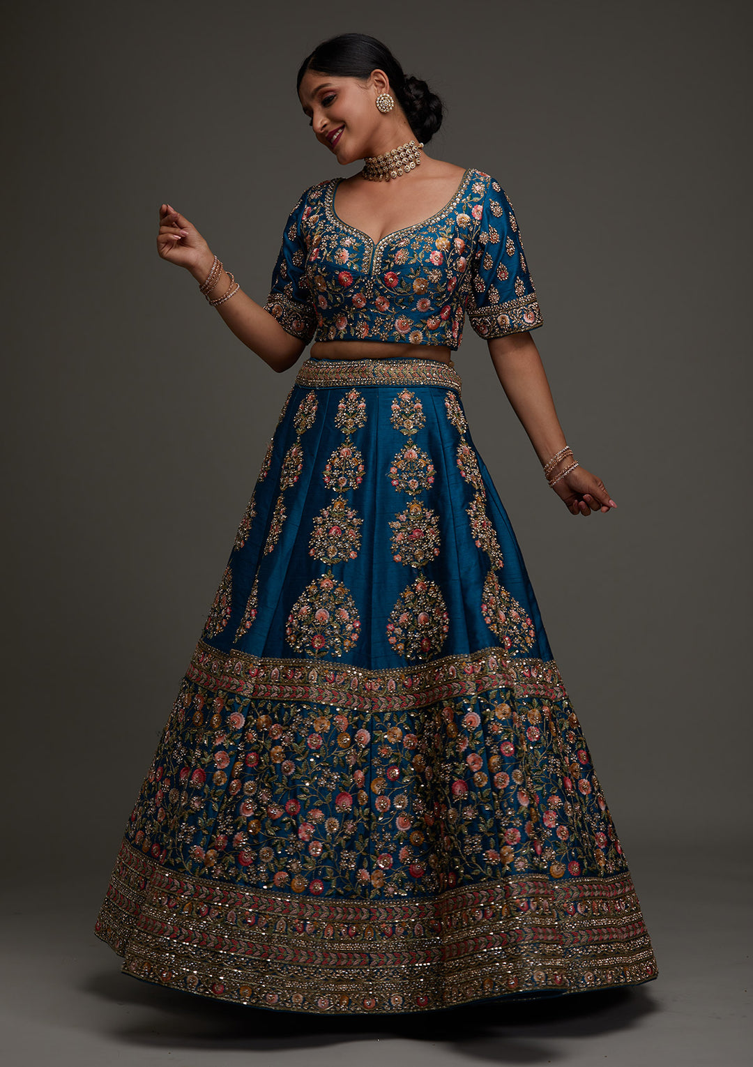 Turquoise Blue Stonework Raw Silk Designer Readymade Lehenga - Koskii
