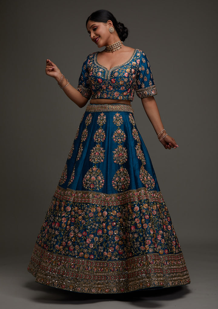 Turquoise Blue Stonework Raw Silk Designer Readymade Lehenga - Koskii
