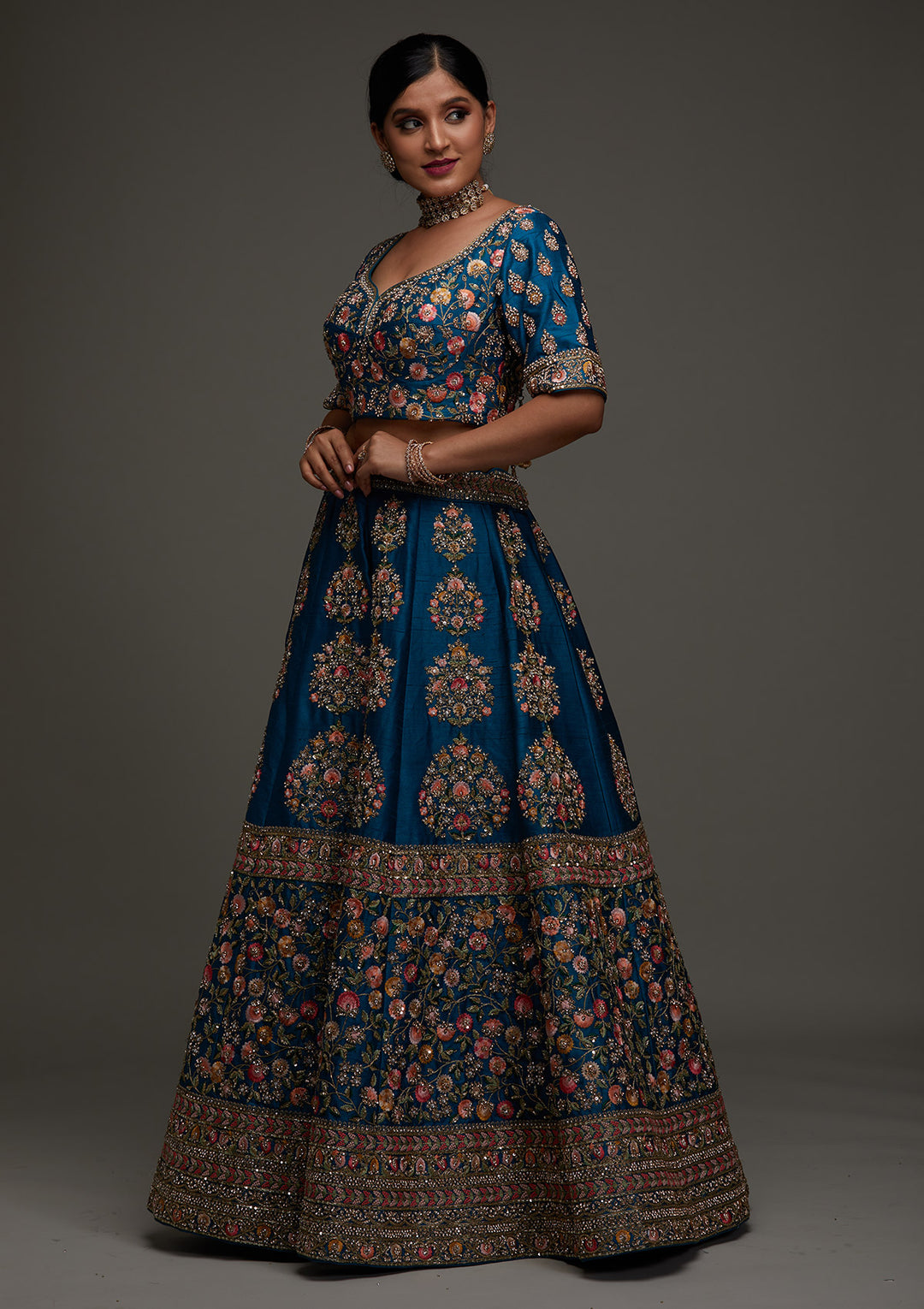 Turquoise Blue Stonework Raw Silk Designer Readymade Lehenga - Koskii