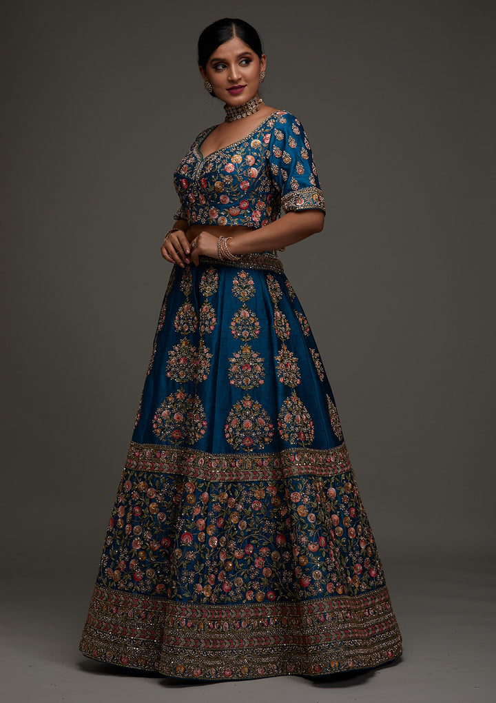 Turquoise Blue Stonework Raw Silk Designer Readymade Lehenga - Koskii