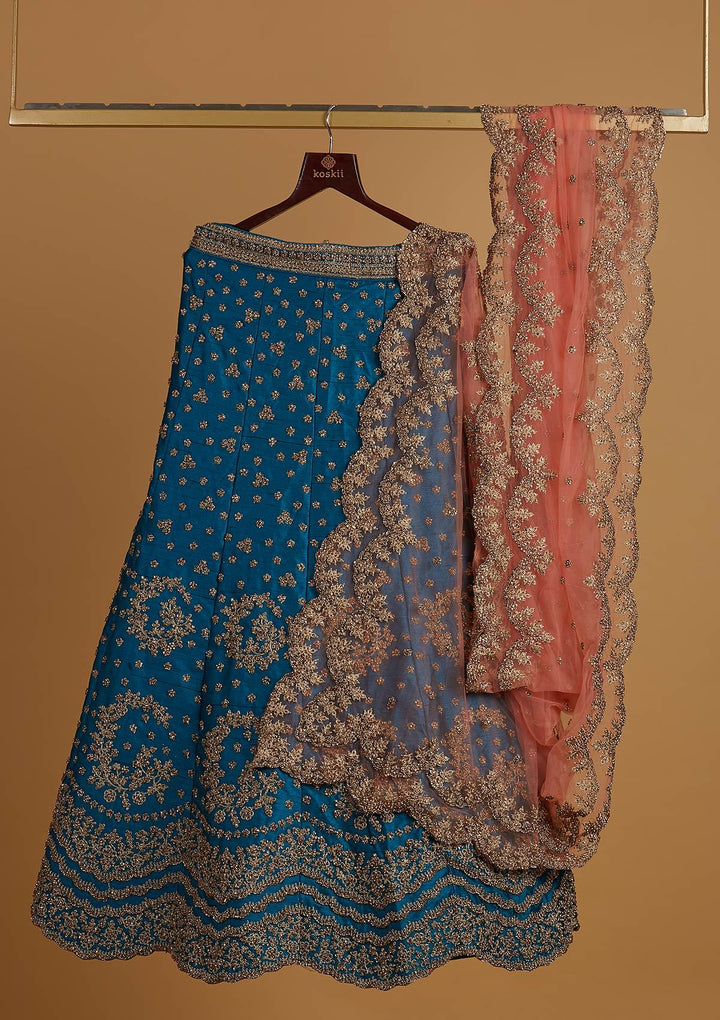 Turquoise Blue Stonework Raw Silk Designer Semi-Stitched Lehenga - koskii