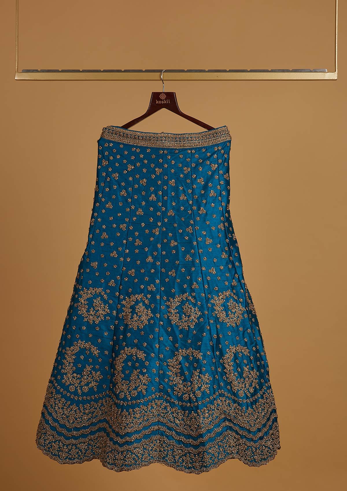 Turquoise Blue Stonework Raw Silk Designer Semi-Stitched Lehenga - koskii