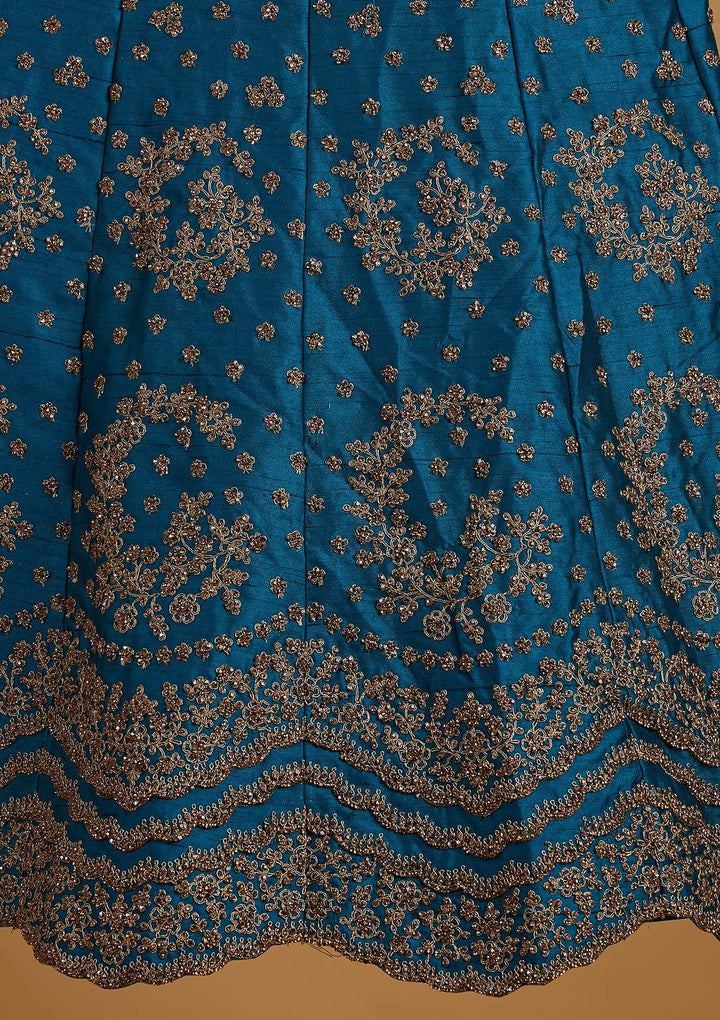 Turquoise Blue Stonework Raw Silk Designer Semi-Stitched Lehenga - koskii