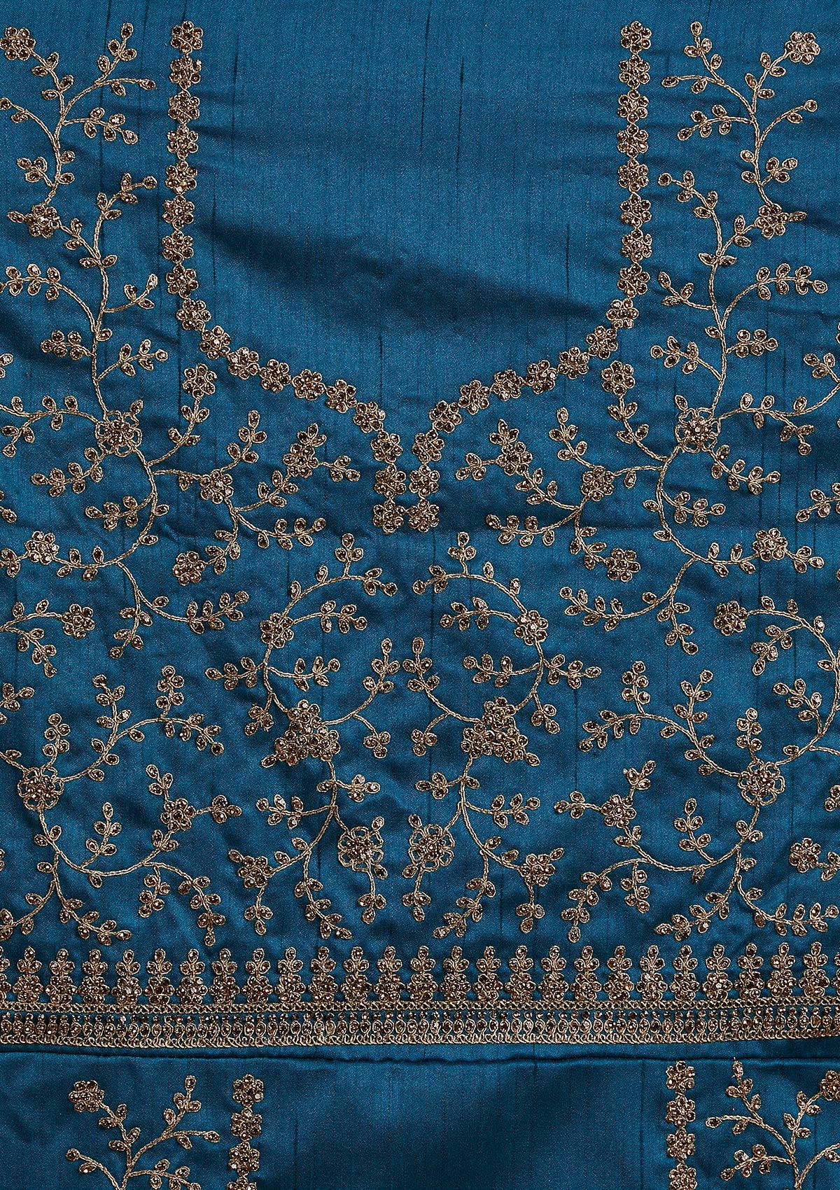 Turquoise Blue Stonework Raw Silk Designer Semi-Stitched Lehenga - koskii