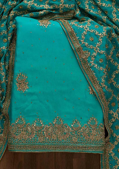 Turquoise Blue Stonework Semi Crepe Unstitched Salwar Suit-Koskii