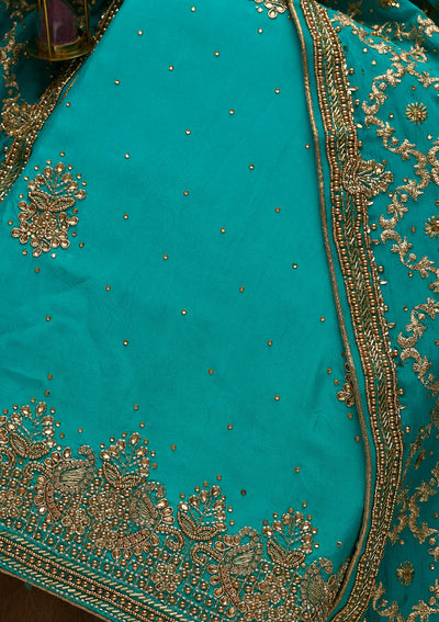 Turquoise Blue Stonework Semi Crepe Unstitched Salwar Suit-Koskii